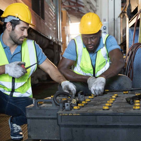 Collection of industrial batteries ready for charging with Industrial battery charger