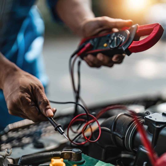 Technician uses battery tester and amp clamp from Power Start for truck repair